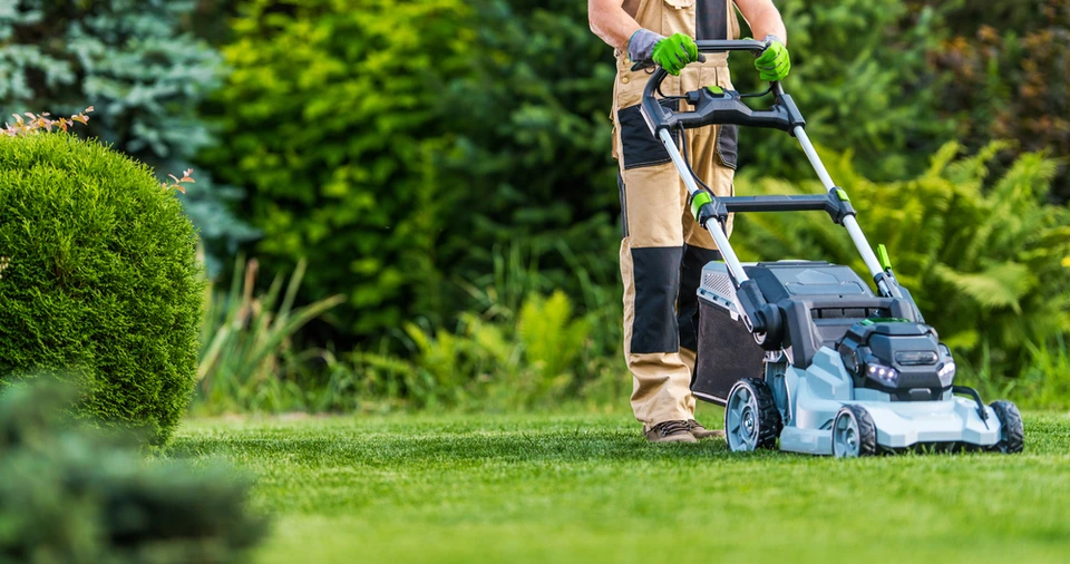 Professionnel en tenue de travail beige utilisant une tondeuse électrique sur pelouse verte bien entretenue dans jardin paysager avec arbustes taillés en arrière-plan