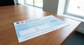 Gros plan professionnel sur un chèque CESU universel, montrant clairement le design officiel du chèque avec ses éléments caractéristiques (mentions "CESU", numérotation, teinte bleue standard), posé sur une surface neutre et bien éclairé, sans texte additionnel visible.